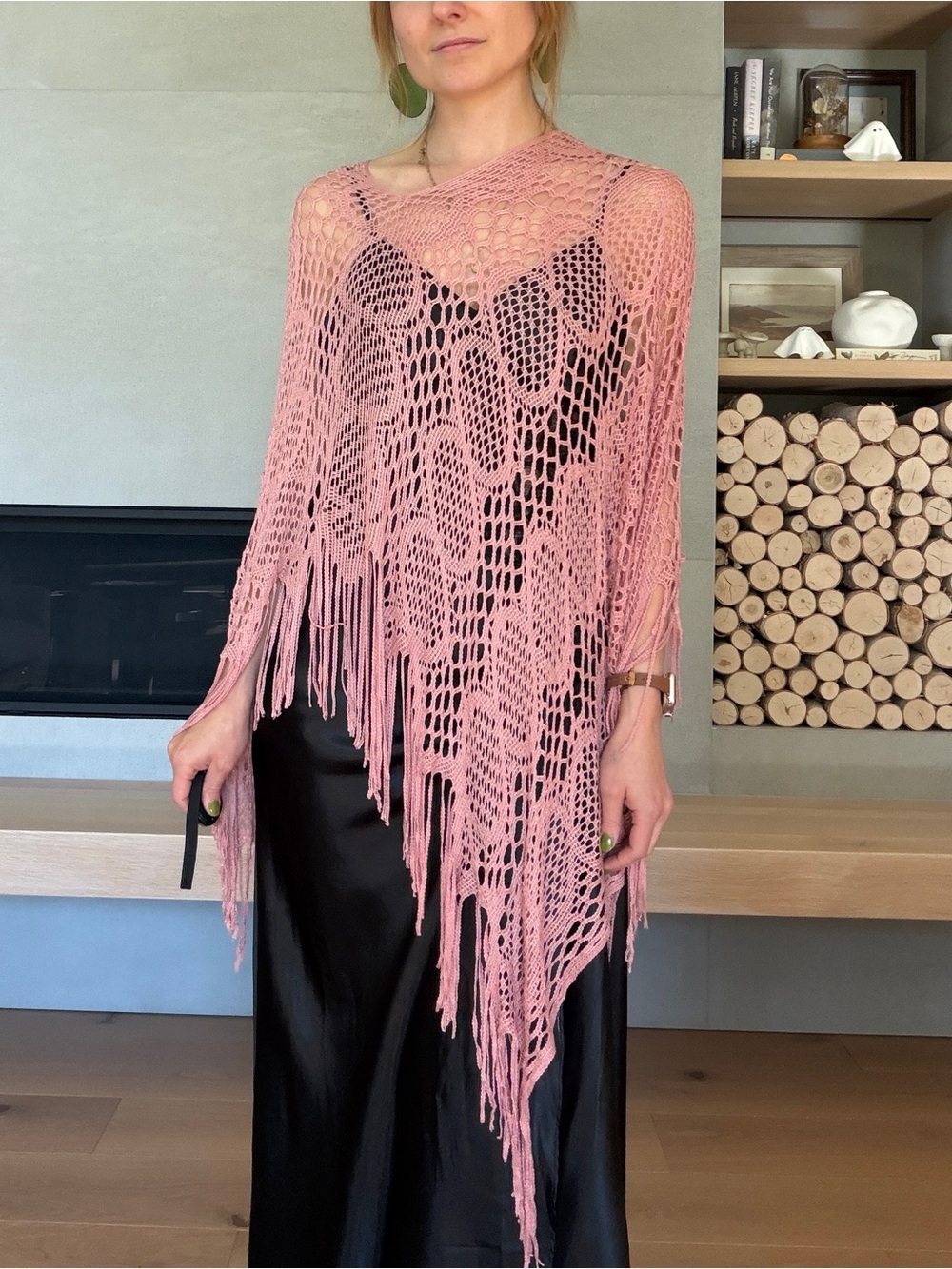 Handmade Fairycore Pink Crochet Fringe Poncho shawl one size